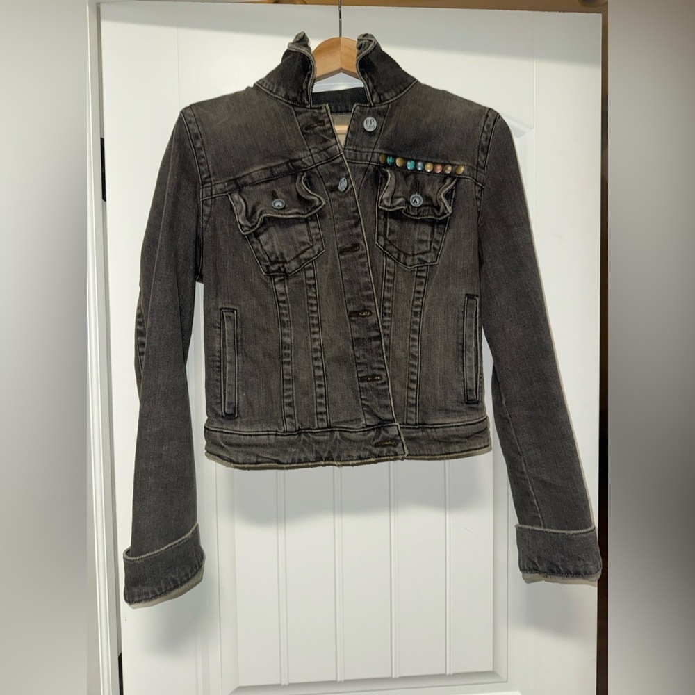 Free People stretch charcoal Denim Studded Button details